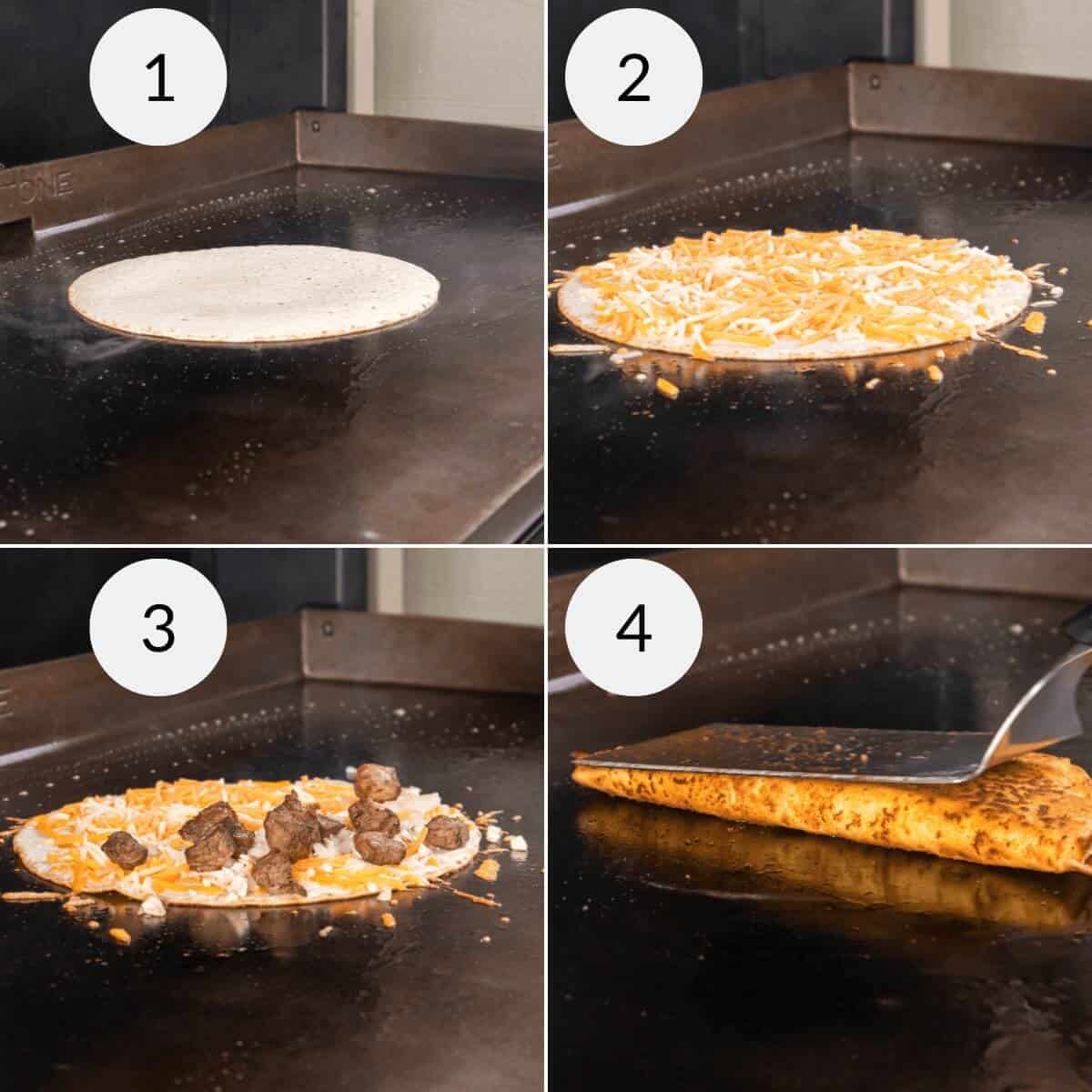 Four-step process for Steak Quesadillas: 1) Tortilla on a griddle, 2) topped with shredded cheese, 3) steak added, 4) tortilla folded in half and flipped with a spatula.