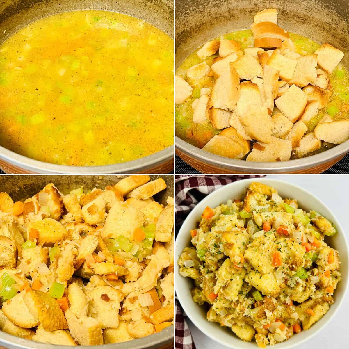 Four-step collage showing the Stove Top Stuffing Recipe: broth with vegetables in a pot, bread pieces added, bread mixed in, and finished stuffing served in a bowl.