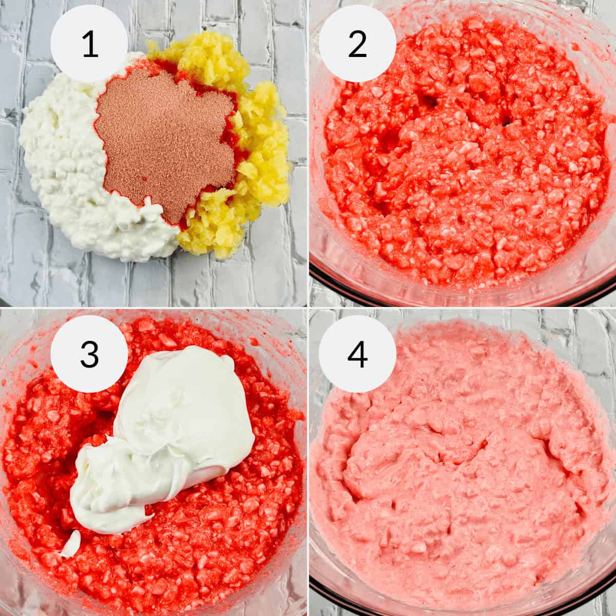 Collage of four bowls with ingredients being mixed: 1) dry mix and pineapple, 2) combined ingredients, 3) mixture with added cream, 4) smooth pink Cottage Cheese Jello Salad mixture.