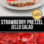 A slice of Pretzel Jello Salad on a white plate, displaying layers of pretzel crust, creamy filling, and strawberry jello topping, with fresh strawberries in the background.