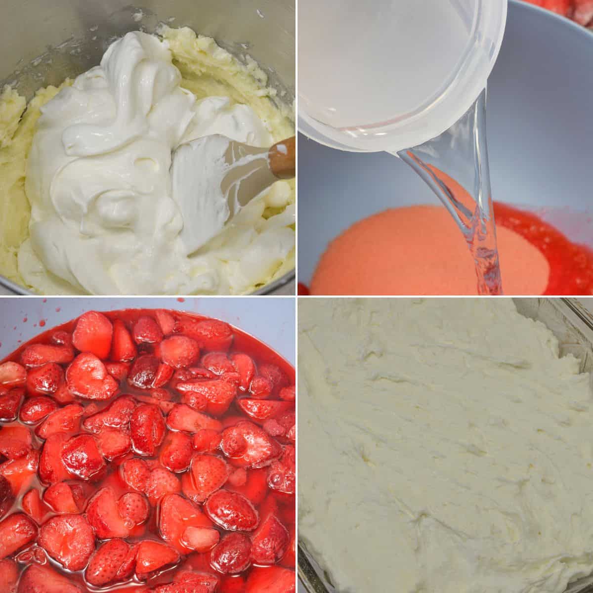 Four-photo collage showing steps in making Pretzel Jello Salad: mixing cream, pouring water into gelatin, adding strawberries to gelatin, and spreading cream in a dish.