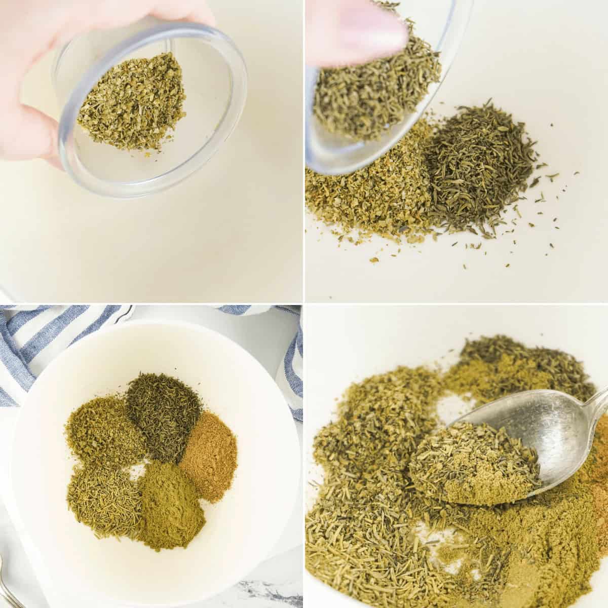 Pouring all the different spices into the finished bowl and mixing.