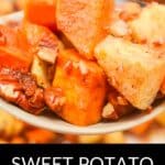 A close-up of Sweet Potato Apple Casserole with chopped pecans, served on a spoon. Text at the bottom reads "Sweet Potato Apple Casserole.