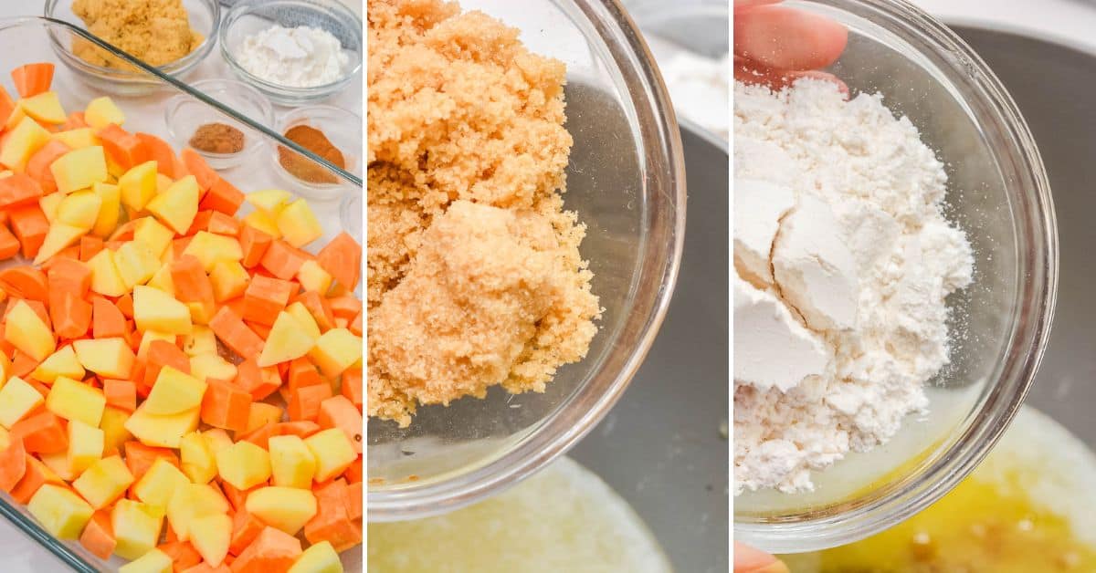 Three-panel image showing diced apples and sweet potatoes with small bowls of ingredients, brown sugar in a bowl, and flour being added to a bowl with wet ingredients.