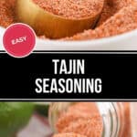 A bowl and a spilled jar of Chili Lime Seasoning with a gold measuring spoon. Text reads "Easy Tajin Seasoning".