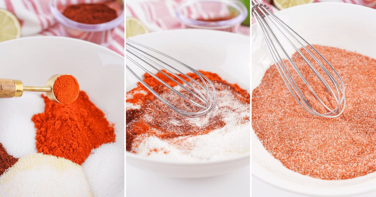 Three-step process of making a spice blend: adding paprika to sugar and other spices, mixing with a whisk, and the final combined Chili Lime Seasoning in a white bowl.