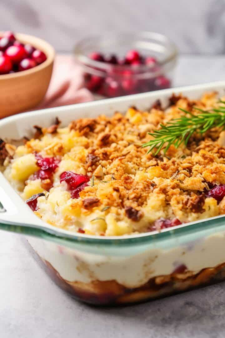 A glass baking dish filled with a Thanksgiving Leftovers Casserole, layered and topped with golden breadcrumbs, finished with a rosemary sprig; bowls of cranberries add festive flair in the background.