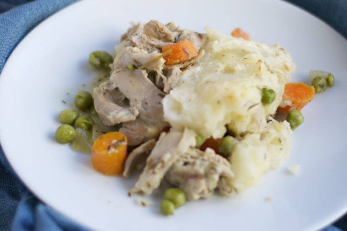 A close-up of some turkey shepard's pie that uses Thanksgiving leftovers.