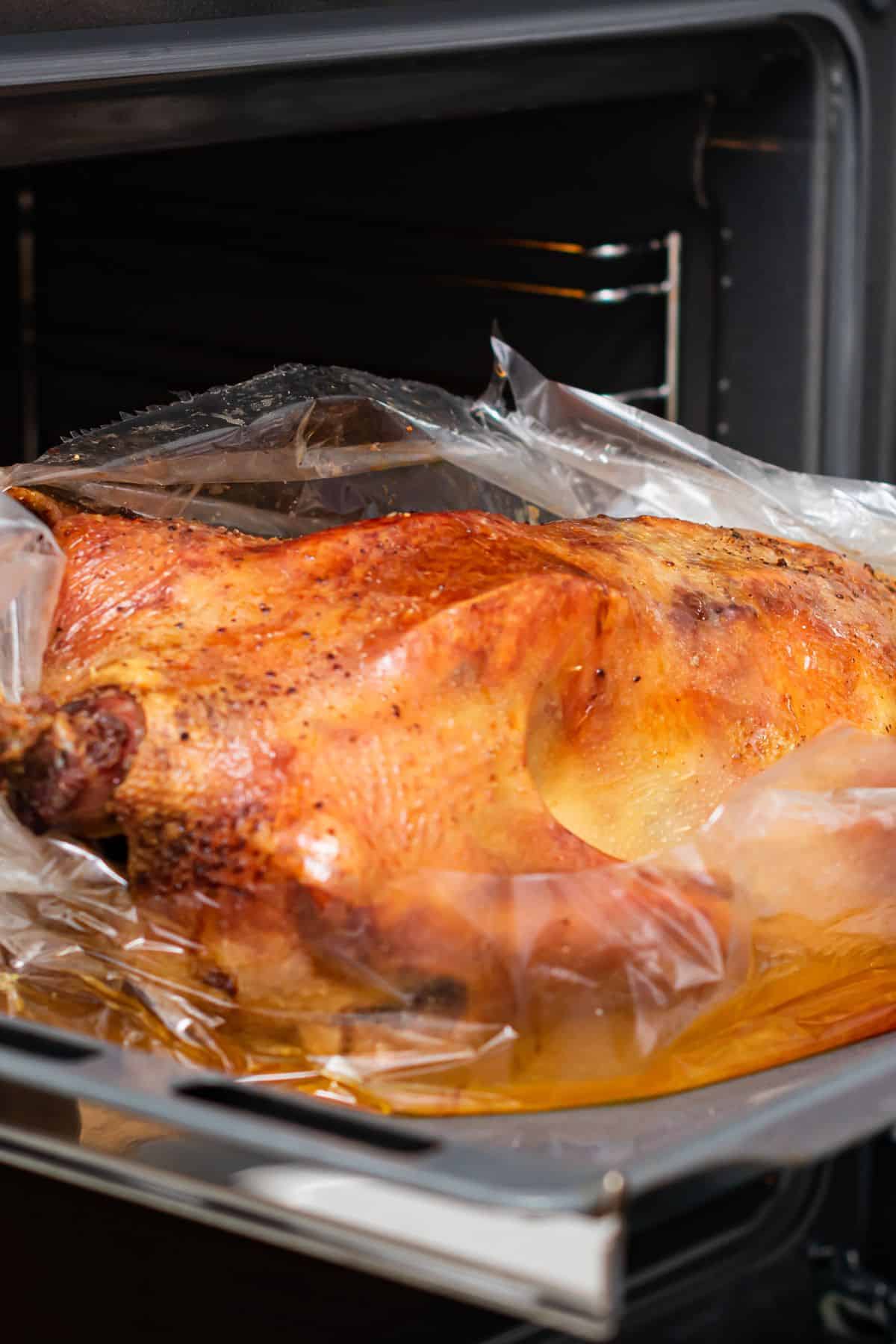 A whole roasted duck with crispy skin is cooking in an oven, wrapped in a clear roasting bag on a baking tray, similar to preparing turkey in an oven bag for juicy, flavorful results.
