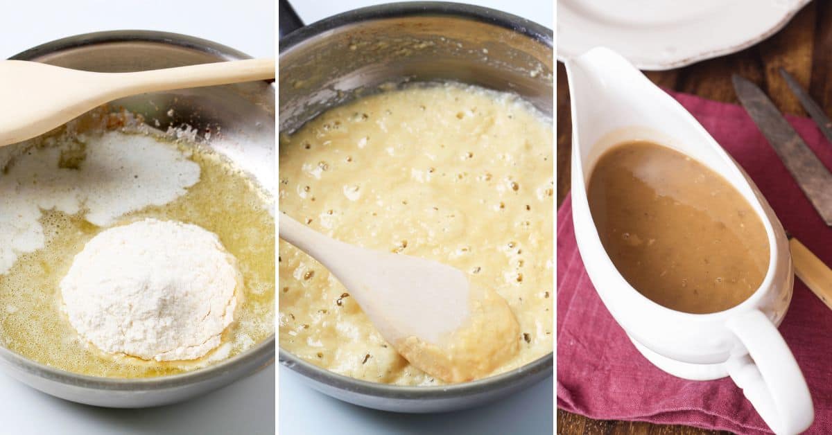 Three side-by-side images show flour being mixed into butter in a pan, the mixture bubbling as it cooks, served in a white gravy boat.