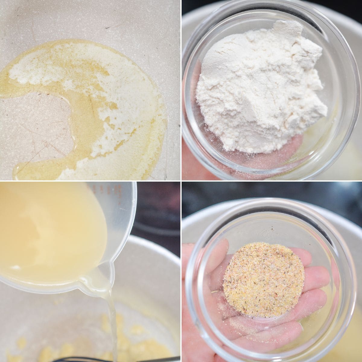 A collage showing melted butter in a pan, flour in a small bowl, liquid being poured, and breadcrumbs in a bowl—ingredients being prepared for Turkey Gravy without Turkey Drippings.