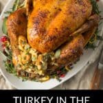 Whole roasted turkey with stuffing on a white platter, garnished with herbs and pomegranate seeds. Text overlay reads: "Turkey in the Roaster Oven"—a perfect centerpiece for your next feast.