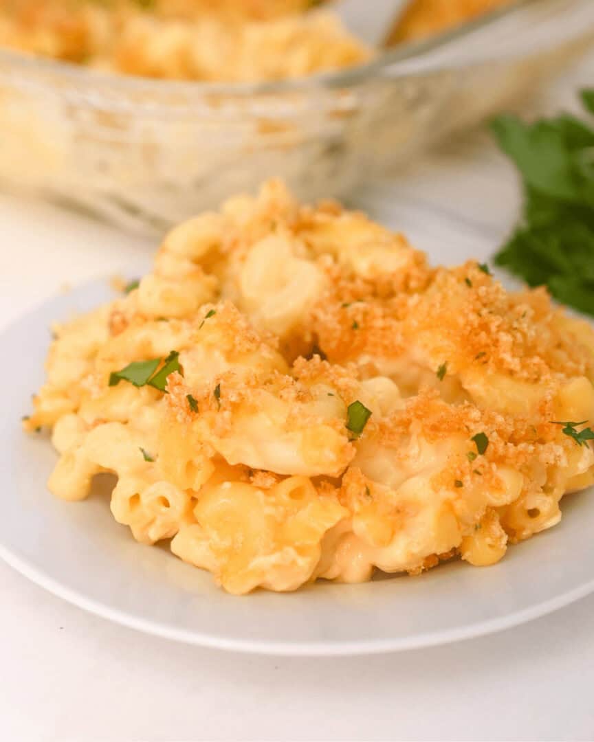 A heaping plate of velveeta mac and cheese.