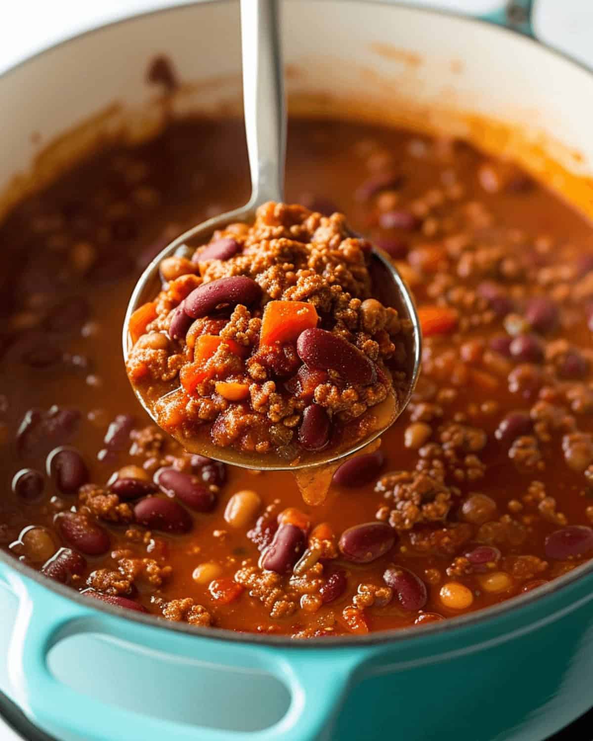 A pot of venison chili with beans and chili seasoning.
