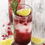 A vodka pomegranate cocktail with slices of lemon and cranberries.