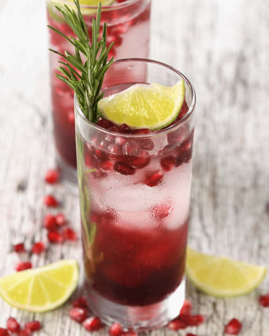 A vodka pomegranate cocktail with slices of lemon and cranberries.