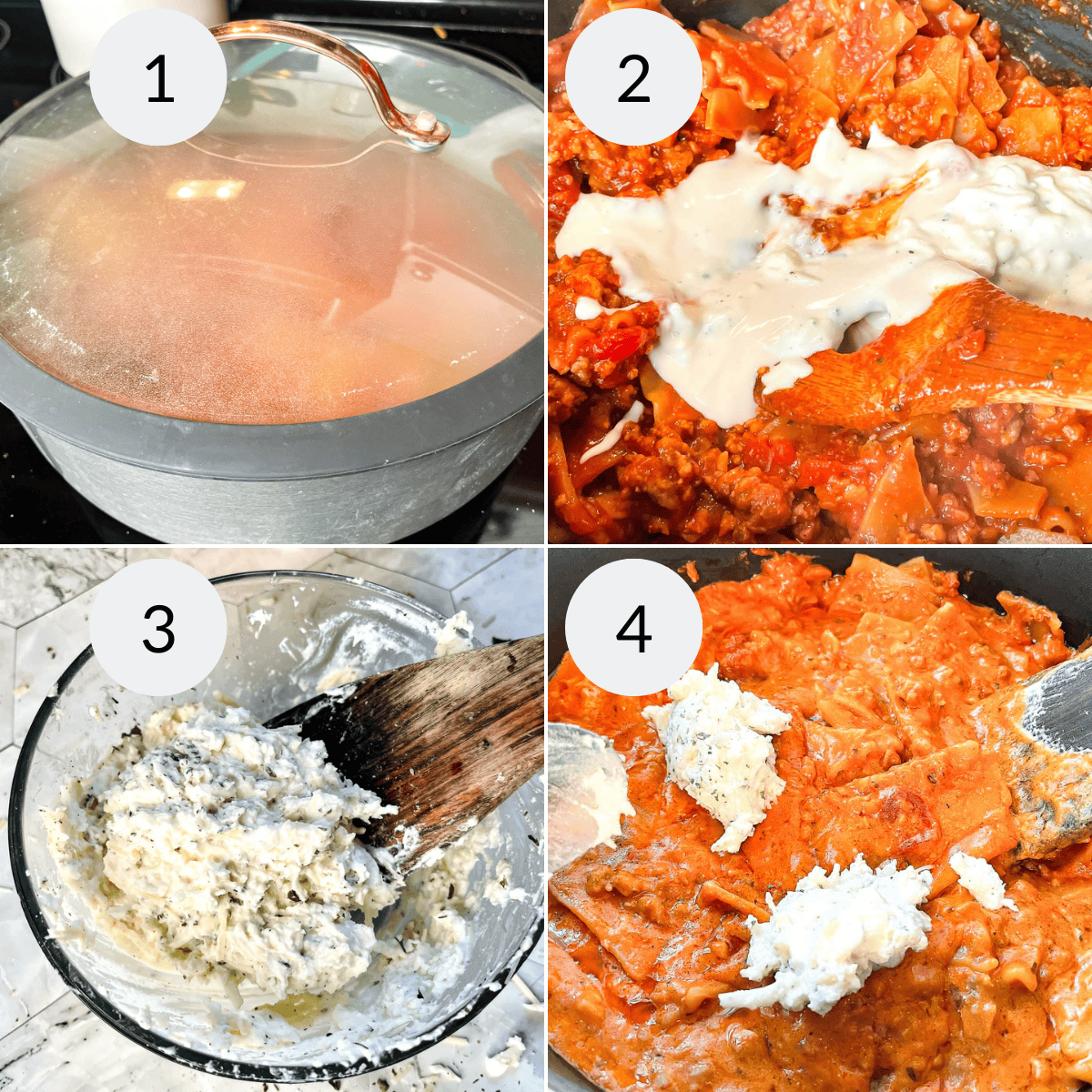 Adding the cheeses for the 30 minute skillet lasagna.