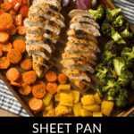 A Balsamic Chicken and Vegetable Sheet Pan featuring grilled balsamic chicken, diced carrots, sliced red onions, bell peppers, and roasted broccoli is displayed on a checkered cloth.