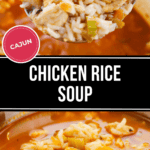 Ladle with Cajun Chicken and Rice soup over a pot, containing rice, chicken pieces, and vegetables. Text overlay reads "Cajun Chicken Rice Soup.