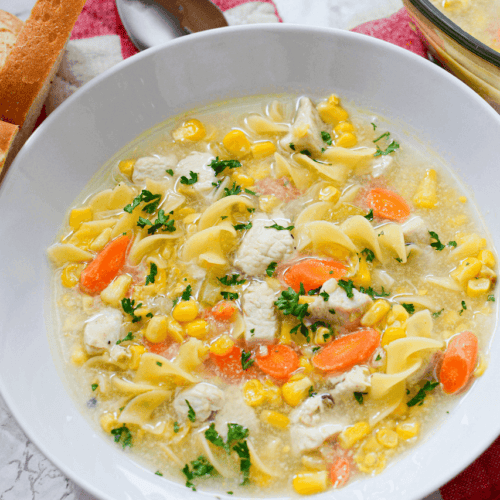 Top shot of the chicken corn soup.