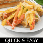 A plate of Chicken Fajita Casserole with cheese, bell peppers, and onions on a white plate. Text overlay reads "Quick & Easy Chicken Fajita Casserole.