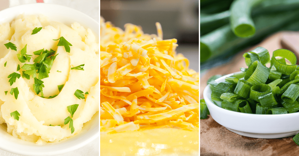 Mash potatoes, cheese and scallions.