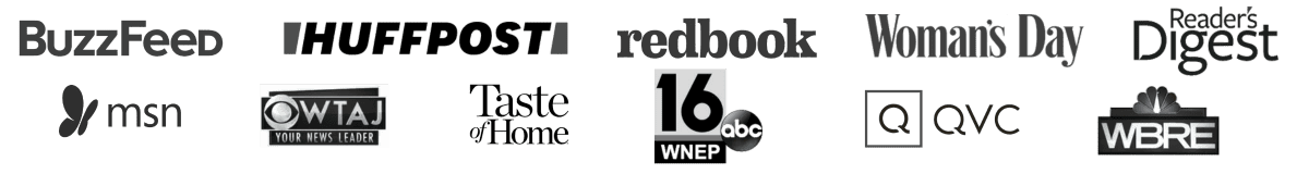 Logos of various media outlets including BuzzFeed, HuffPost, MSN, and others on a white background.