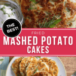 A close view and a stack of the mashed potato cakes.