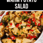A close-up of a warm potato salad with grilled red peppers, onions, and herbs, served in a white dish. The salad is garnished with fresh parsley. The top part of the image has a banner reading "Grilled Warm Potato Salad.