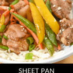 A plate of Honey Sesame Chicken with vibrant vegetables, including carrots, bell peppers, and snap peas, served over fluffy rice.