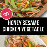 Enjoy a delicious honey sesame chicken sheet pan meal featuring snap peas, carrots, and bell peppers served over rice.