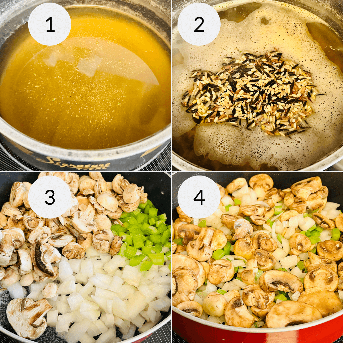Four-step cooking process for Rice Dressing: 1) Heat broth in a pot. 2) Add wild rice to the broth. 3) Sauté chopped onions, celery, and mushrooms in a pan. 4) Cook mushrooms and onions together until tender.