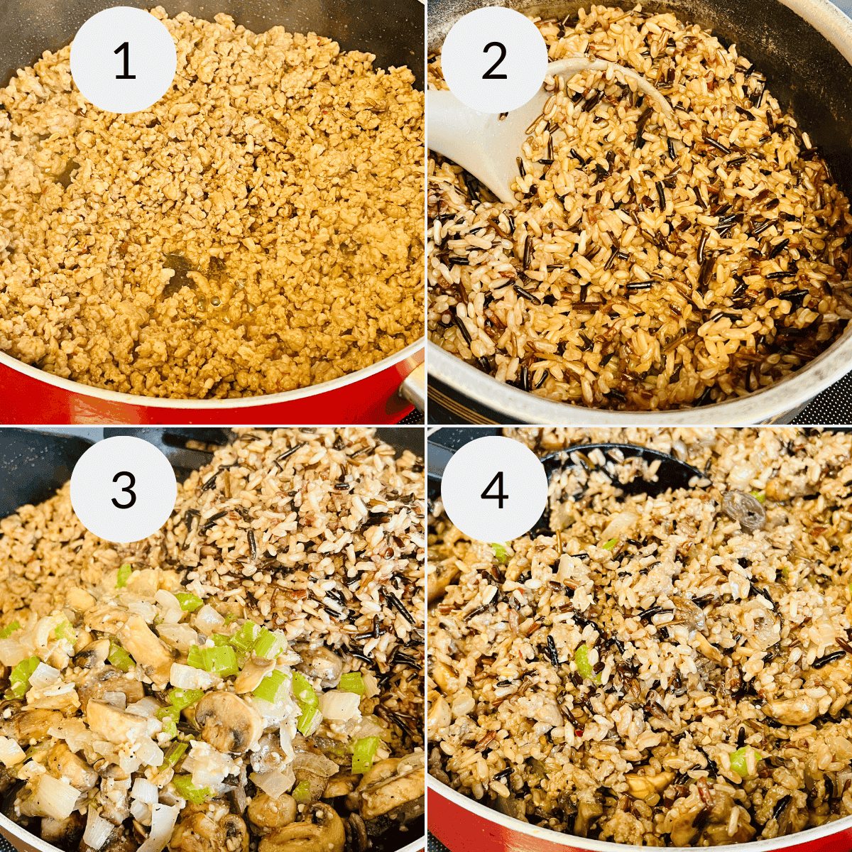 Step-by-step Rice Dressing process: 1. Ground meat browning, 2. Wild rice simmering, 3. Chopped vegetables and mushrooms added, 4. All ingredients mixed together in a pan for a flavorful dish.