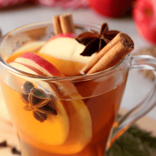 A clear mug of slow cooker cider is adorned with apple slices, cinnamon sticks, and star anise, while vibrant red apples rest on a rich red cloth in the background.