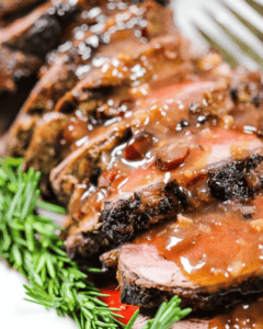 A slow roasted beef tenderloin with port wine sauce.